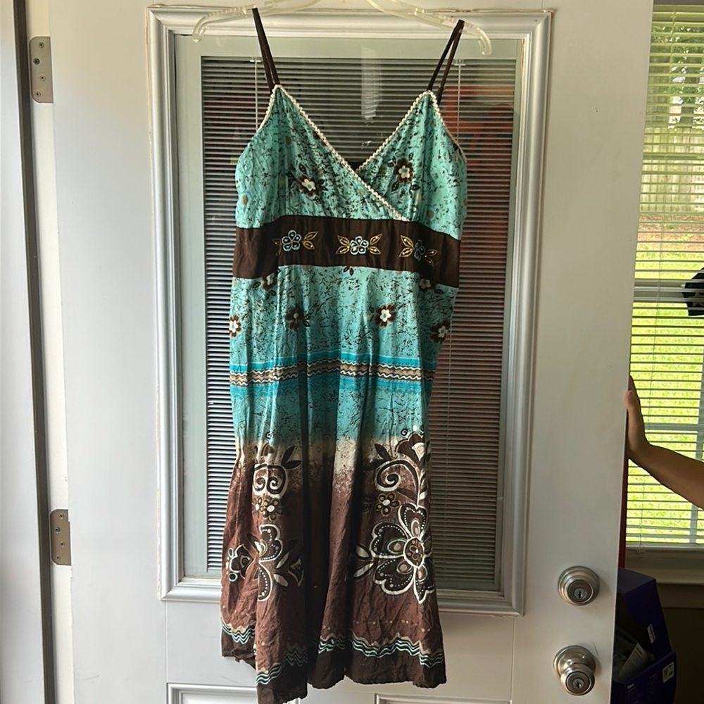 Blue and brown floral, print, BoHo, spaghetti strap sundress